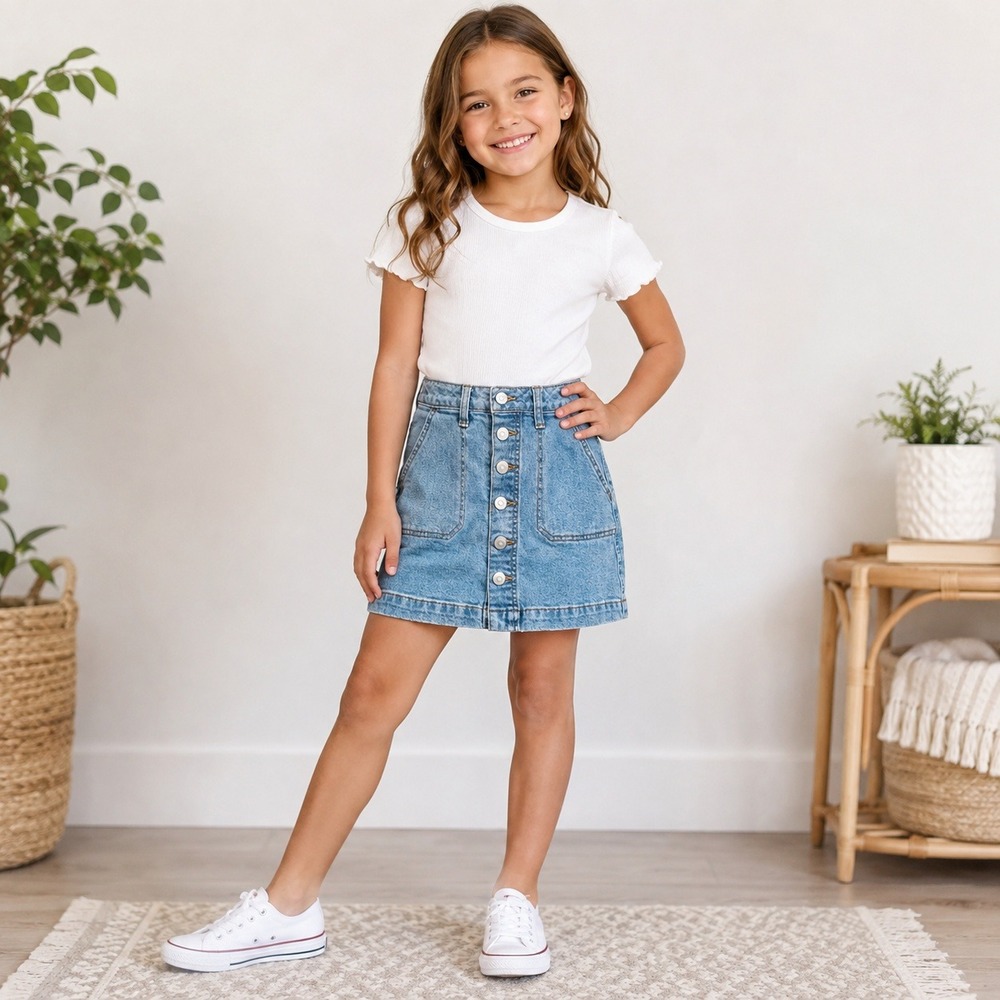 Cat & Jack Denim Skirt Girls Size M 8 Light Wash Super Stretch Button Front
